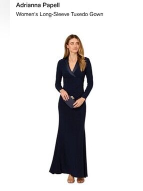 Adrianna Papell Navy Long-Sleeve Wrap Tuxedo Gown with Shawl Collar